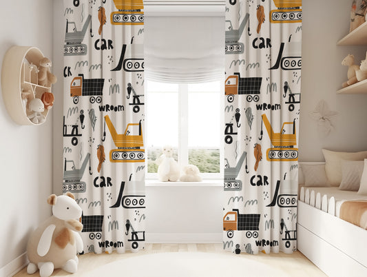 Halı Vagonu HV226 Dozerli Kamyon Desen Çocuk Odası Kadife Kumaş Fon Perde, sevimli kamyon deseni ile çocuk odası için ideal seçenek.