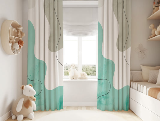 Halı Vagonu HV211 Yeşil Gri Beyaz Kadife Kumaş Fon Perde, Çocuk Odası Fon Perde için ideal seçim.