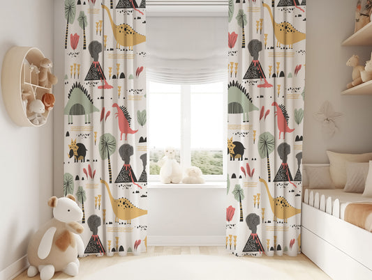 Halı Vagonu HV345 Dinozorlar Desen Çocuk Odası Kadife Kumaş Fon Perde, çocuk odası dekorasyonu için ideal seçim.