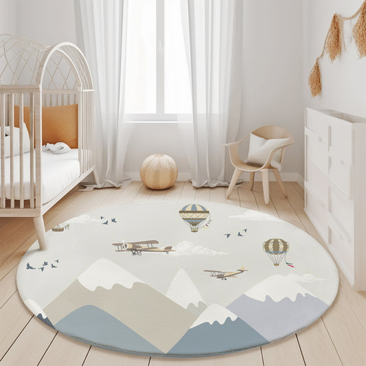 Halı Vagonu HV111 Bohem Yuvarlak Çocuk Halısı, yuvarlak tasarım, yumuşak dokusu ve etnik desenleriyle bir çocuk odasında serili görünümde.