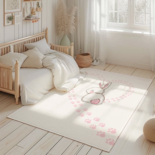 Doğal ışık altında bir çocuk odasında yer alan pembe patili tavşan desenli halı, odanın dekorasyonuna şıklık katıyor.