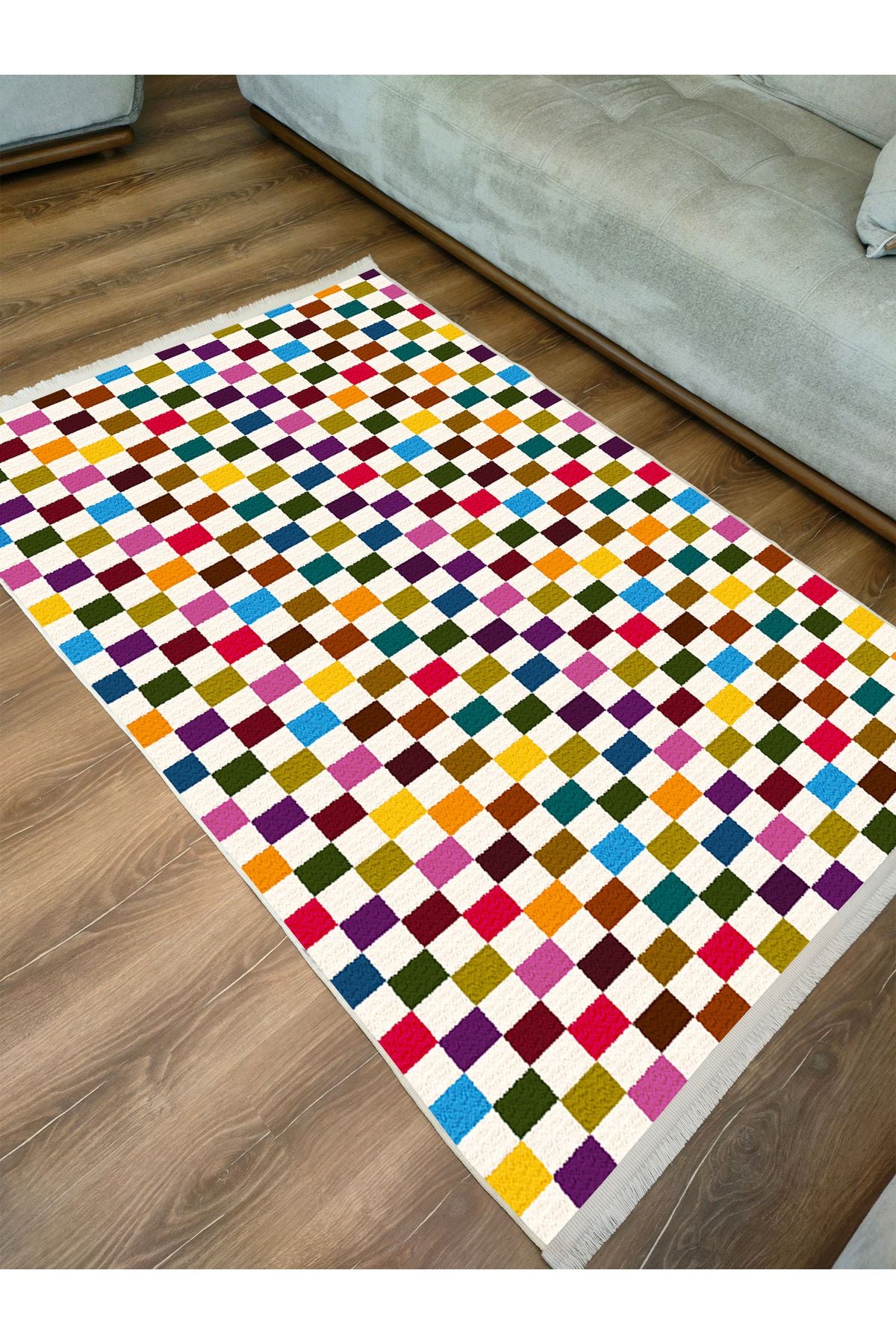 Halı Vagonu Modern Kareli Desenli Renkli Pamuk Dokuma Taban Halı E47