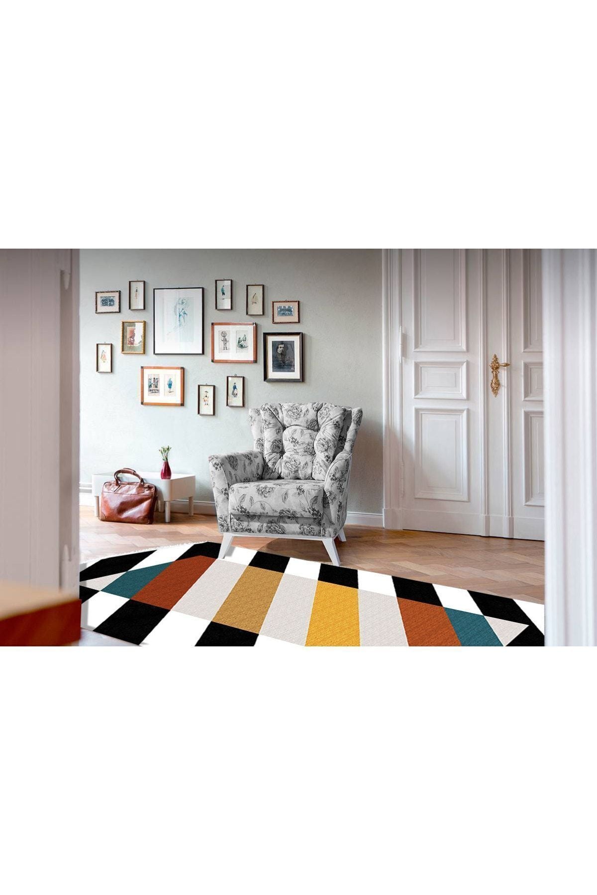 Cotton Serisi Siyah Beyaz Ve Multy Tonlarında Yatay Çizgili Dekoratif Dokuma Taban Kilim