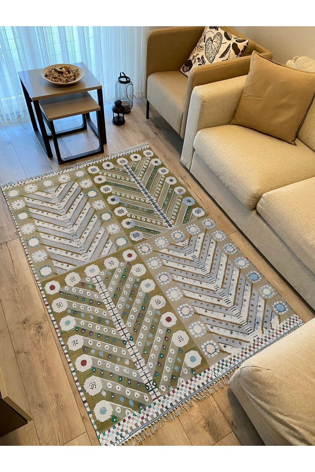 Cotton Kilim 3 Yeşil Tonunda Geometrik Desenli Dekoratif Yıkanabilen Dokuma Taban Kilim