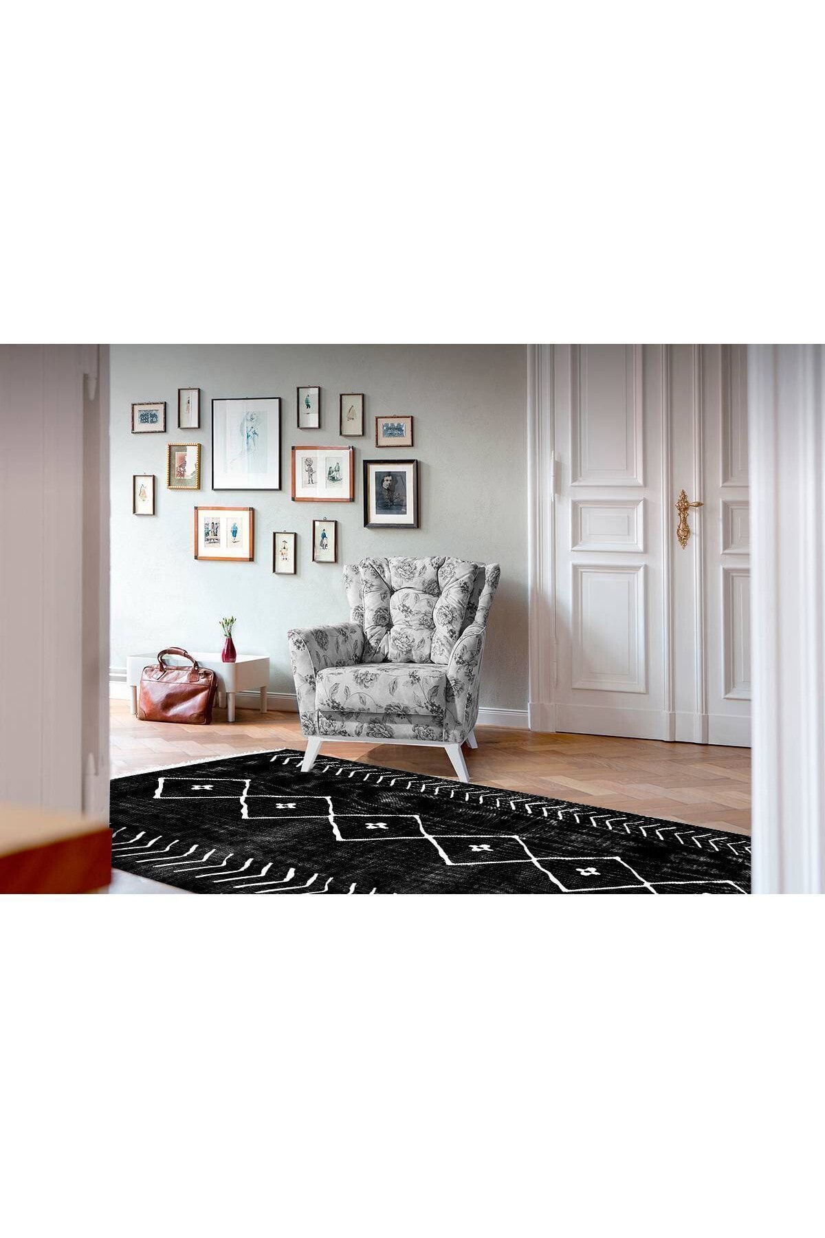 Cotton Serisi Siyah Beyaz Naturel Orta Çağ Desen Dekoratif Dokuma Taban Kilim