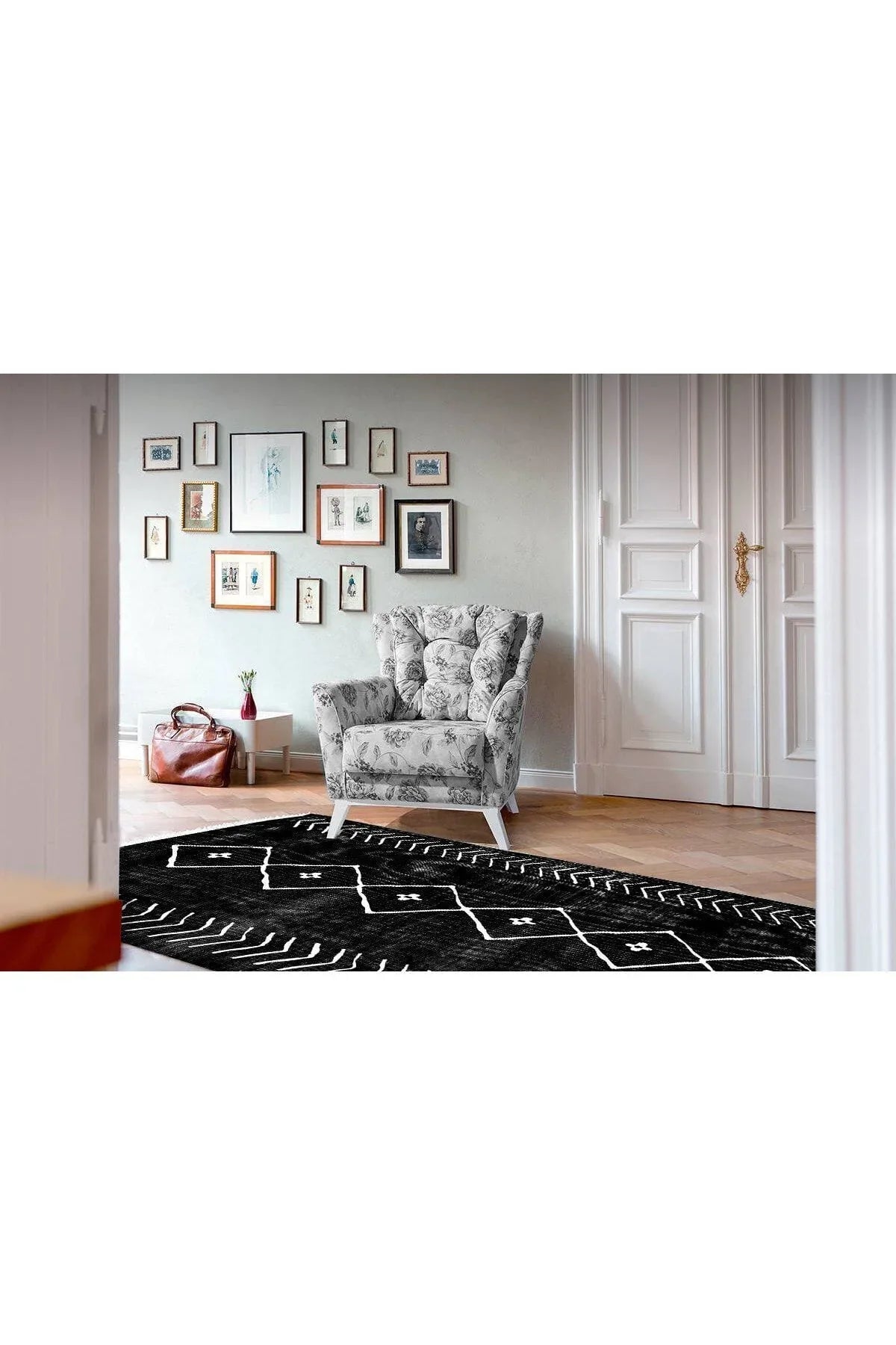 Cotton Serisi Siyah Beyaz Naturel Orta Çağ Desen Dekoratif Dokuma Taban Kilim - HALI VAGONU