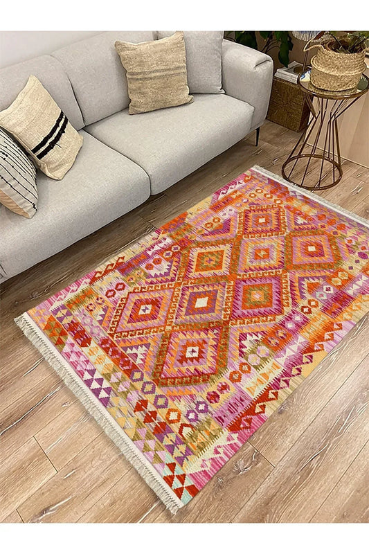 Cotton Serisi Pembe Tonunda Baklavalı Geometrik Desen Dekoratif Dokuma Taban Kilim - HALI VAGONU