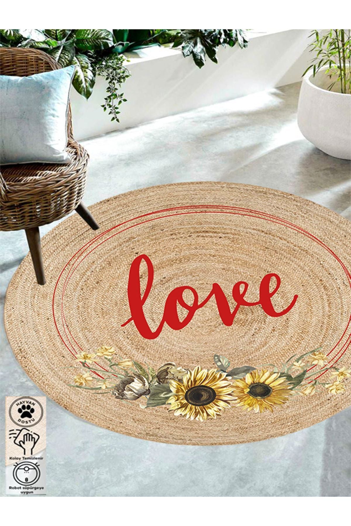 Boho 911 Jüt Doğa Iplik Ile Üretilmiş Love Desenli Yuvarlak Halının ev dekorasyonuna kattığı sıcak hava.
