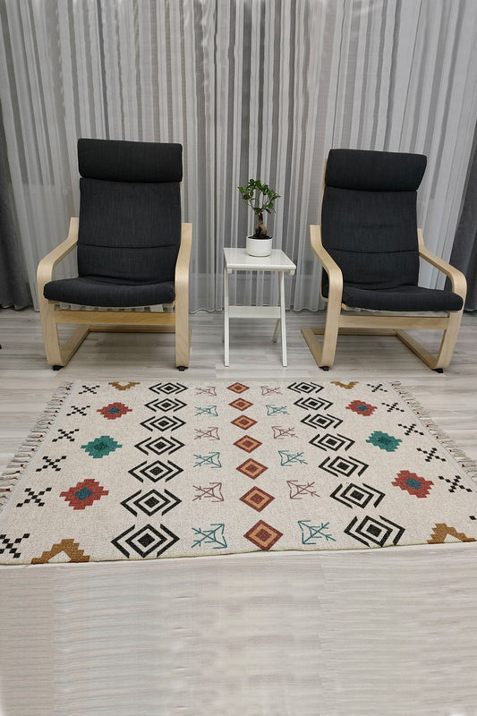 Cotton Serisi Multy Tonlarında Geometrik Eskitme Desenli Dekoratif Dokuma Taban Kilim
