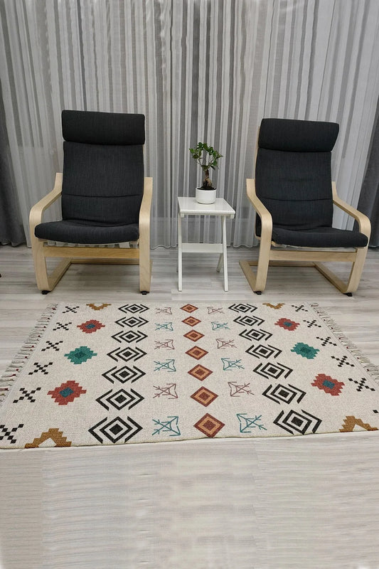 Cotton Serisi Multy Tonlarında Geometrik Eskitme Desenli Dekoratif Dokuma Taban Kilim - HALI VAGONU