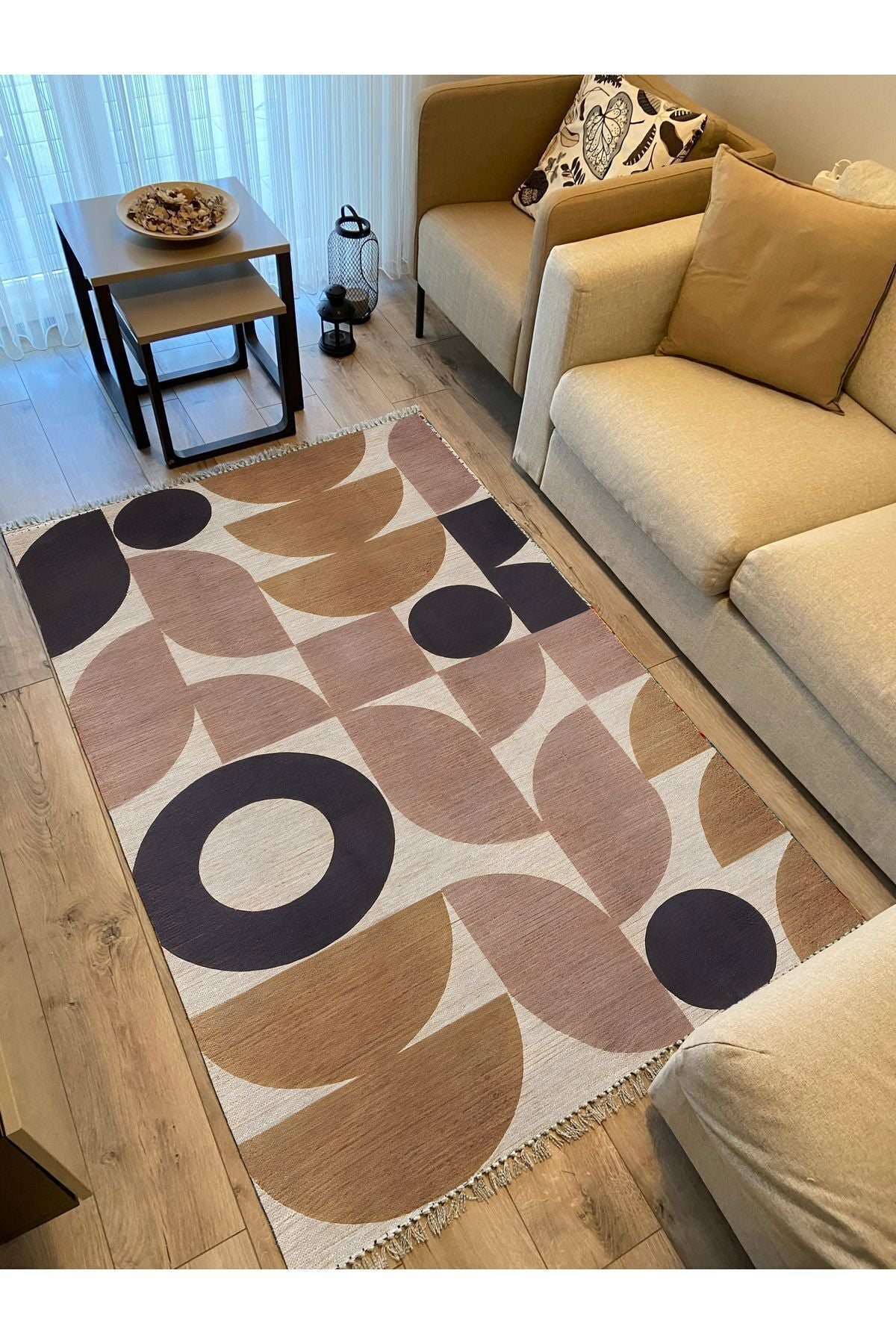 Cotton 68 Pudra Camel Ve Siyah Pastel Geometrik Desenli Dokuma Kilim