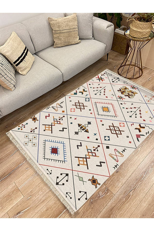 Cotton Serisi Krem Tonlarında Geometrik Desenli Dekoratif Dokuma Taban Kilim