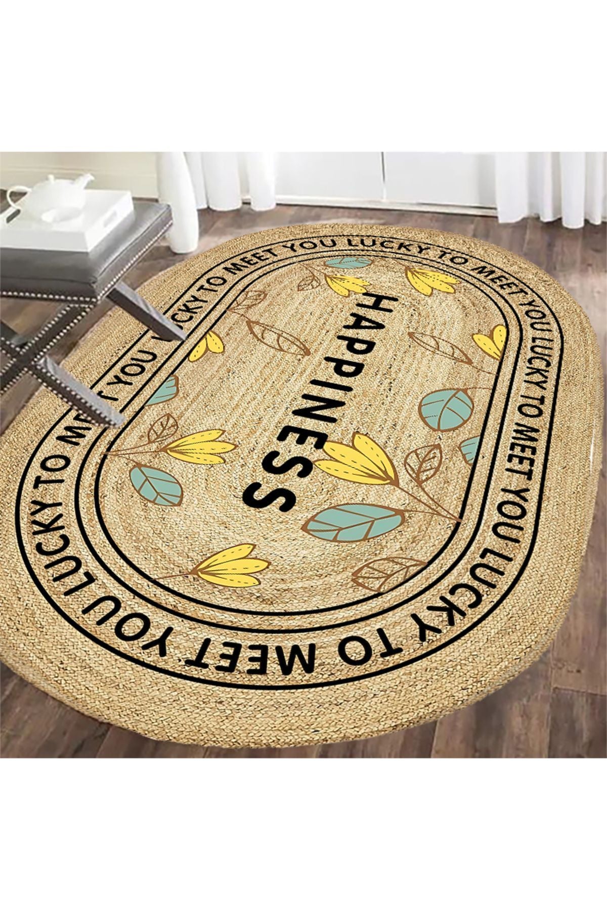 Boho 988 Jüt Hasır Etnik Desenli Oval Jüt Örme Doğal Hasır Natural Oval Halı