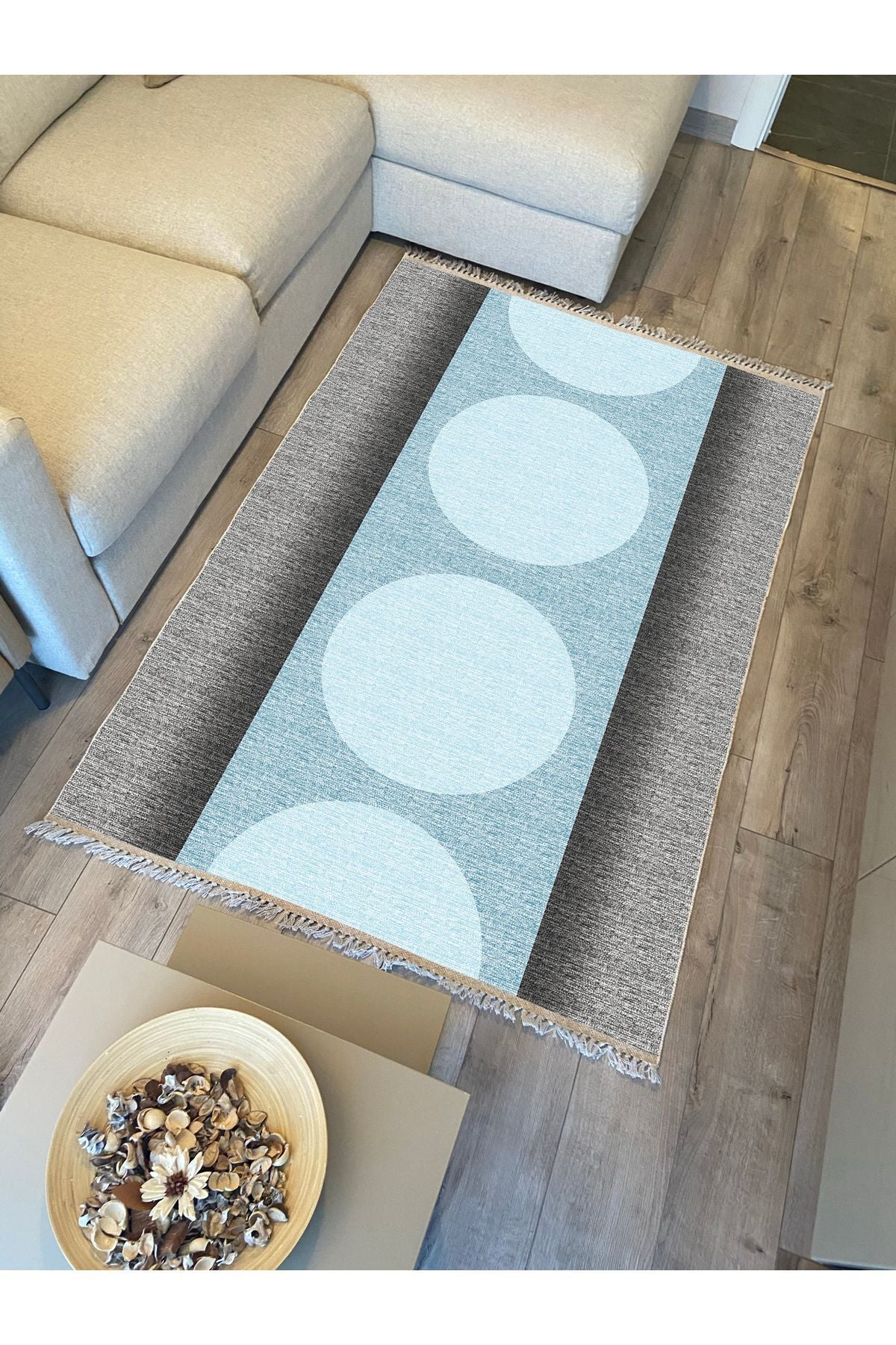 Cotton Kilim 31 Gri Ve Mavi Tonlarında Modern Desenli Dekoratif Yıkanabilen Dokuma Taban Kilim