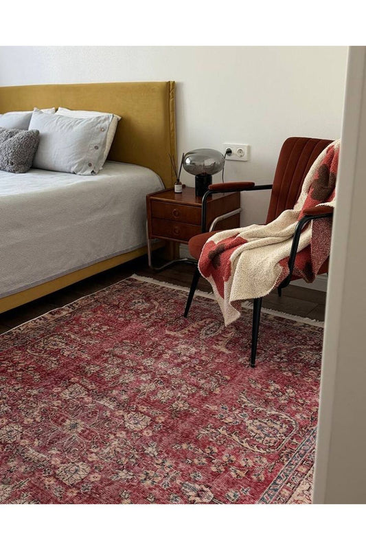 Halı Vagonu 2047 Bordo Tonlarında Etnik Eskitme Pamuk Dokuma Taban Halı