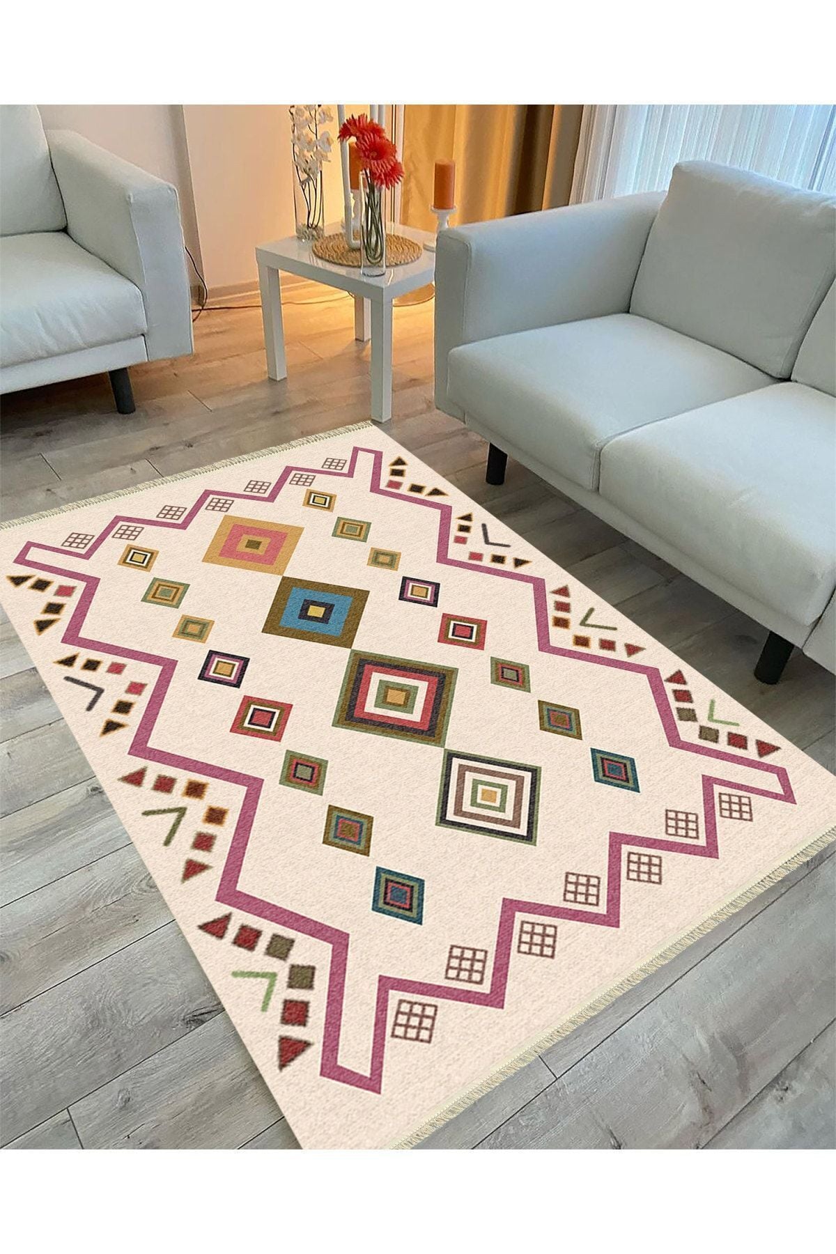 Cotton Serisi Krem Tonunda Geometrik Desenli Dekoratif Dokuma Taban Kilim