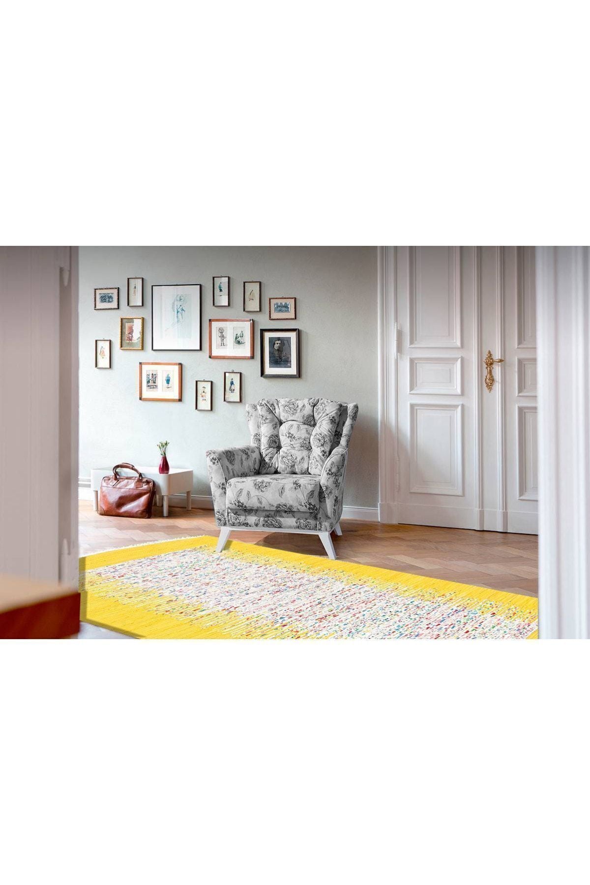 Cotton Serisi Sarı Rengi Ortası Su Yolu Eskitme Modern Desen Dekoratif Dokuma Taban Kilim