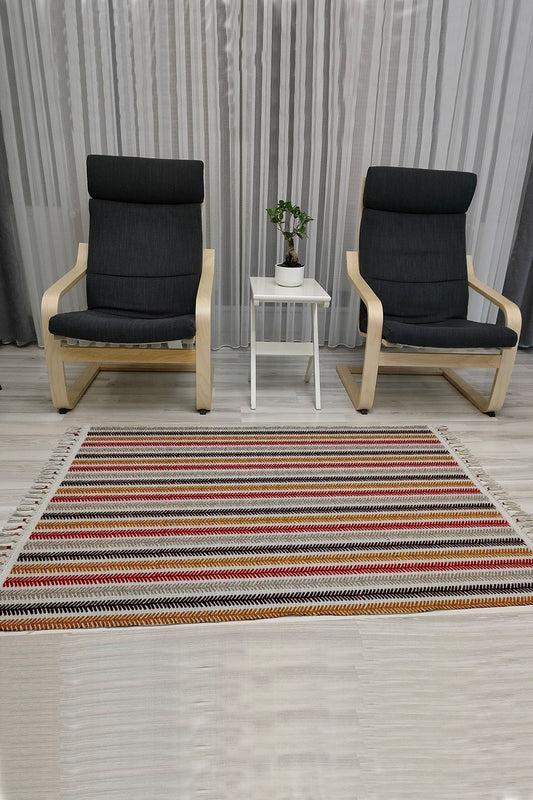 Cotton Serisi Multy Tonlar Çizgi Desenli Dekoratif Dokuma Taban Kilim