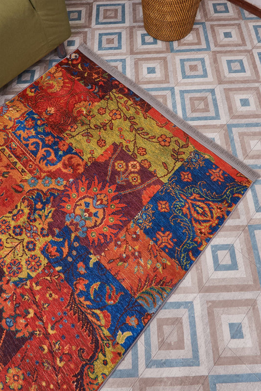 Halı Vagonu 2036 Renkli Etnik Eskitme Pamuk Dokuma Taban Halı