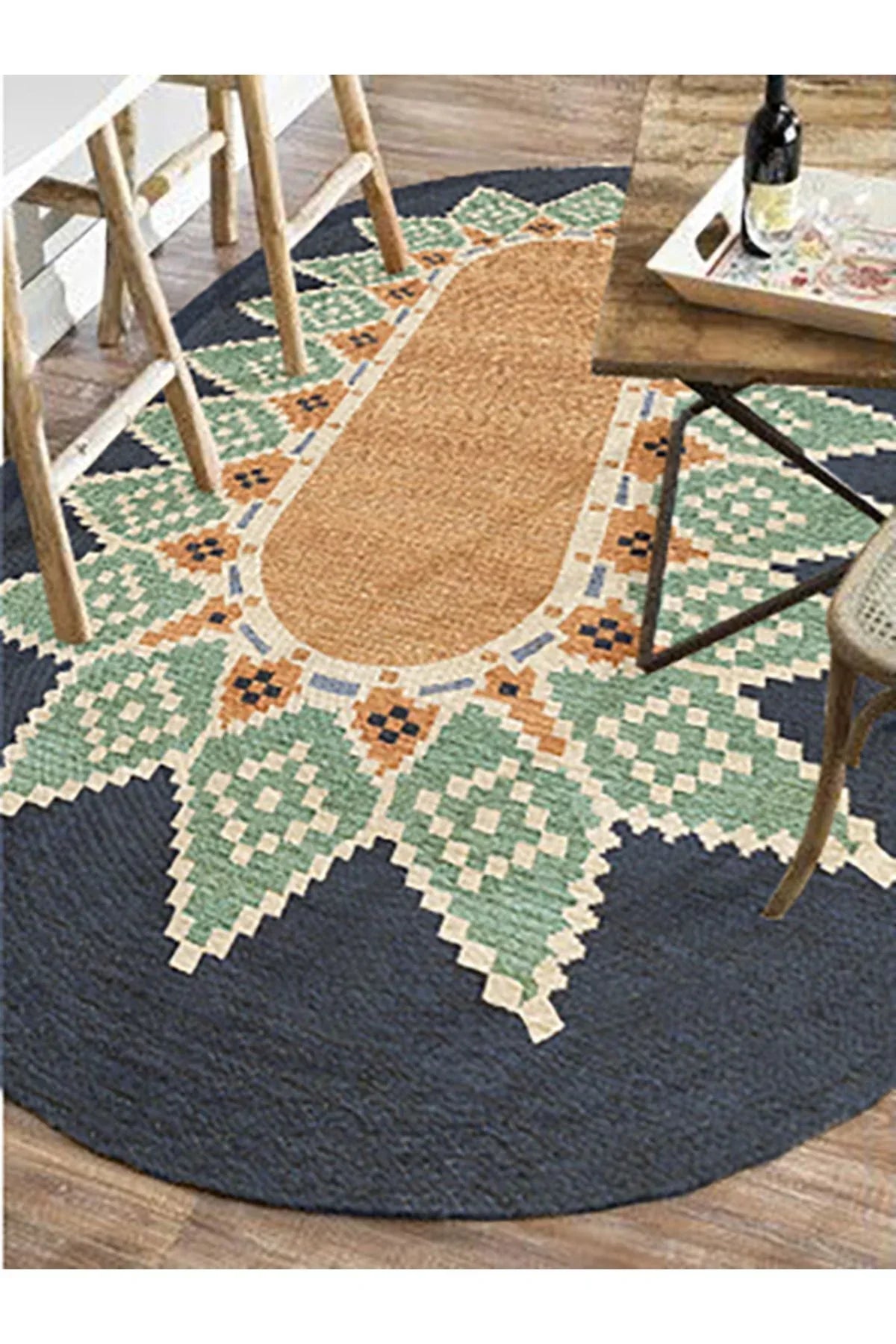 Boho 978 Jüt Hasır Etnik Desenli Oval Jüt Örme Doğal Hasır Natural Oval Halı - HALI VAGONU