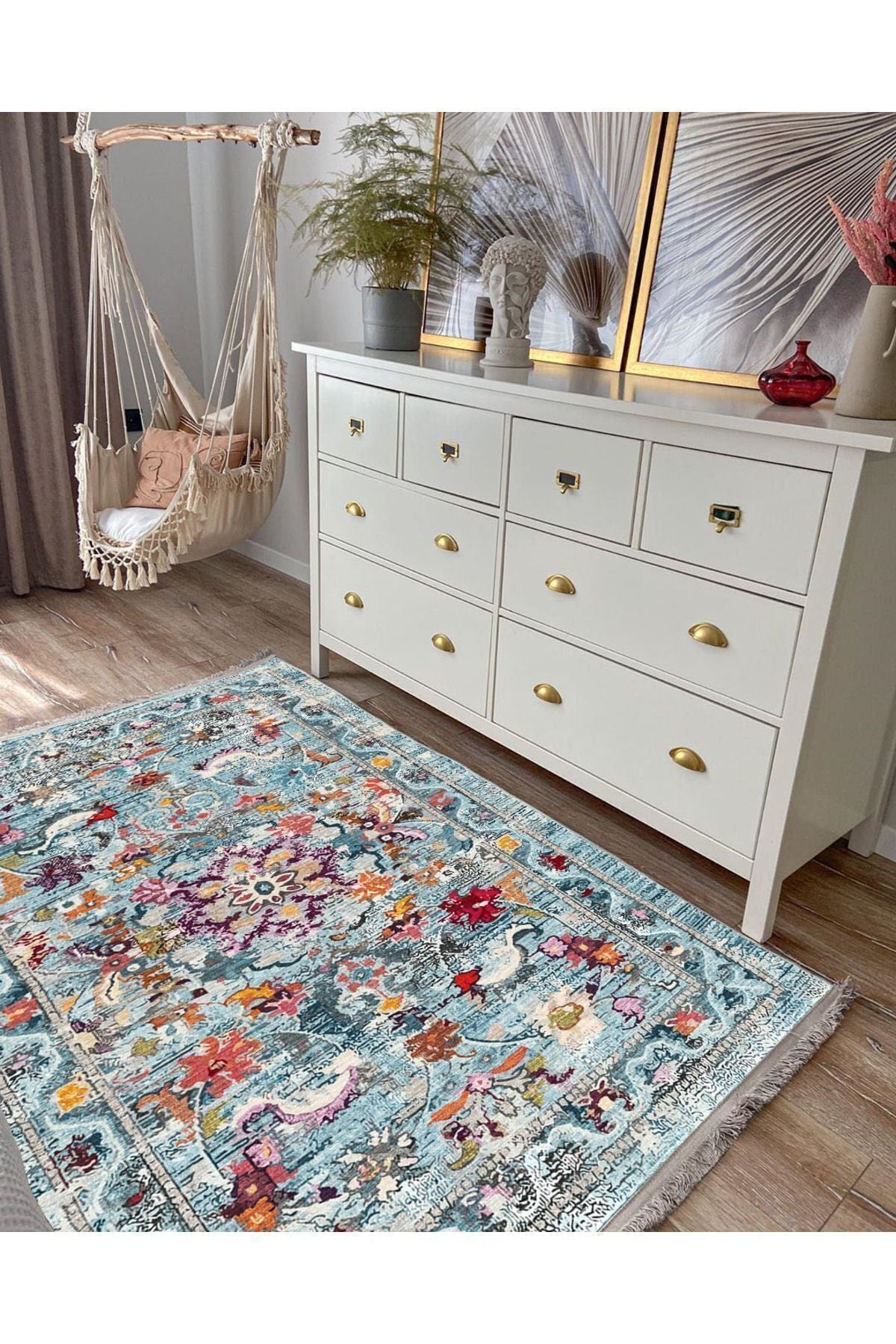 HV s 2165 Renkli Çiçek Desenli Yıkanabilir Kaymaz Tabanlı Salon Halısı, Koridor Ve Mutfak Halısı