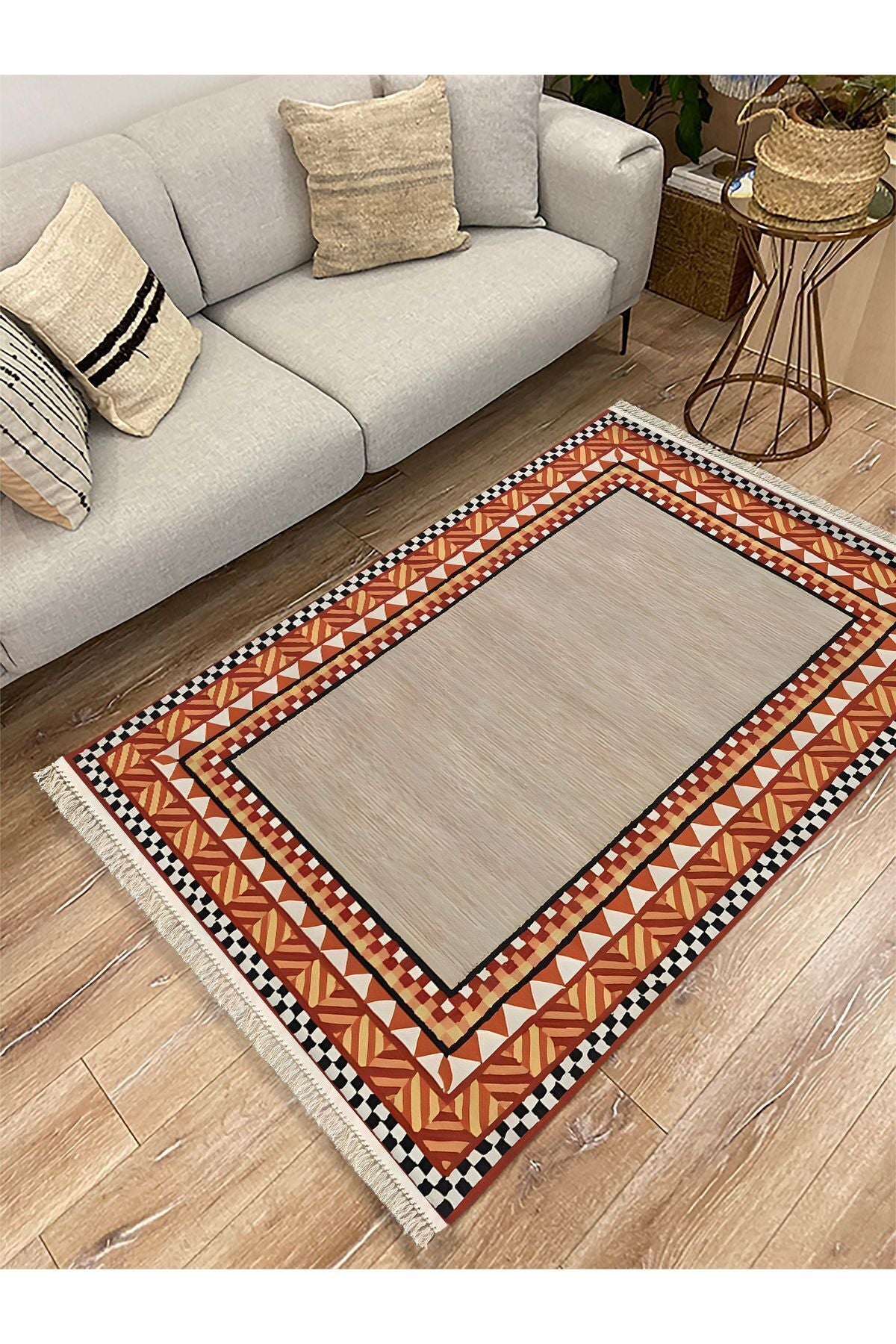 Cotton Kilim 20 Turuncu Zeminli Çizgili Desenli Dekoratif Yıkanabilen Dokuma Taban Kilim