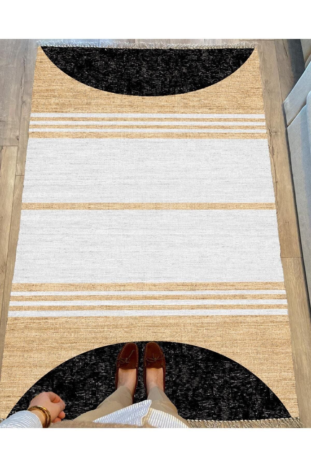 Cotton Serisi Hasır Görünümlü Siyah Beyaz Modern Desen Dekoratif Dokuma Taban Kilim