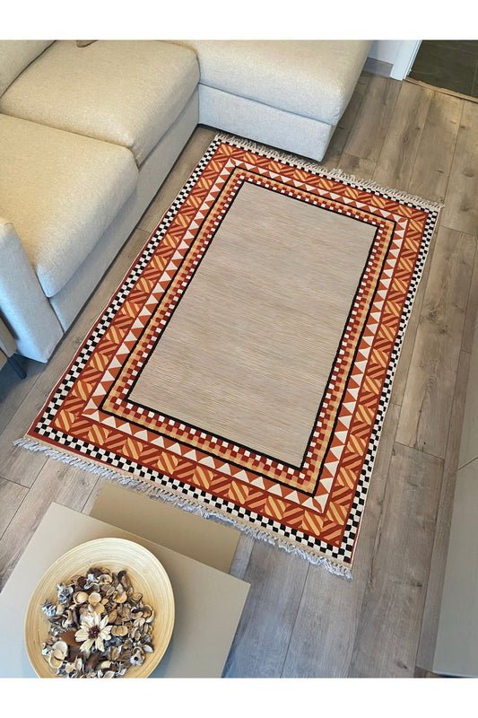 Cotton Kilim 20 Turuncu Zeminli Çizgili Desenli Dekoratif Yıkanabilen Dokuma Taban Kilim