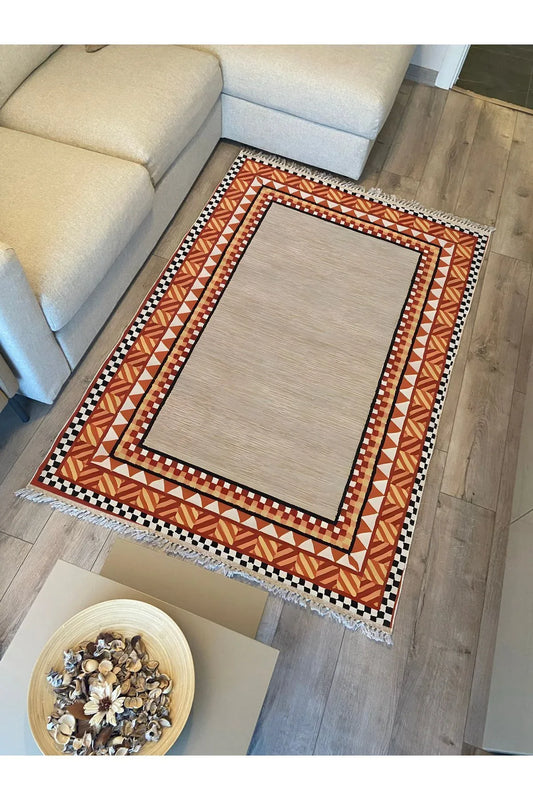 Cotton Kilim 20 Turuncu Zeminli Çizgili Desenli Dekoratif Yıkanabilen Dokuma Taban Kilim - HALI VAGONU