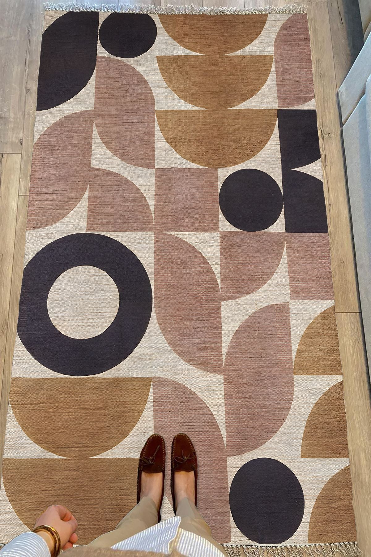Cotton 68 Pudra Camel Ve Siyah Pastel Geometrik Desenli Dokuma Kilim