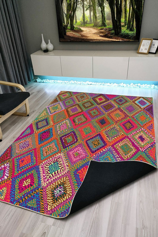 Halı Vagonu 1007 Renkli Kare Desenli Dekoratif Kaymaz Taban Halı