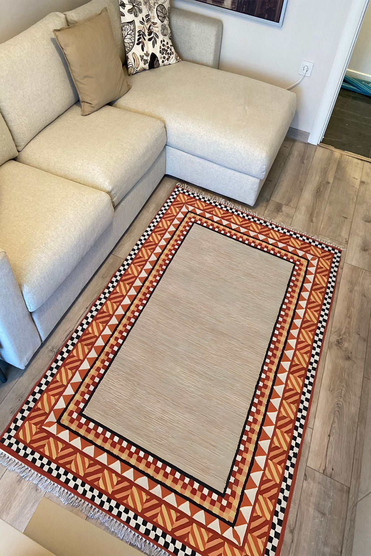 Cotton Kilim 20 Turuncu Zeminli Çizgili Desenli Dekoratif Yıkanabilen Dokuma Taban Kilim