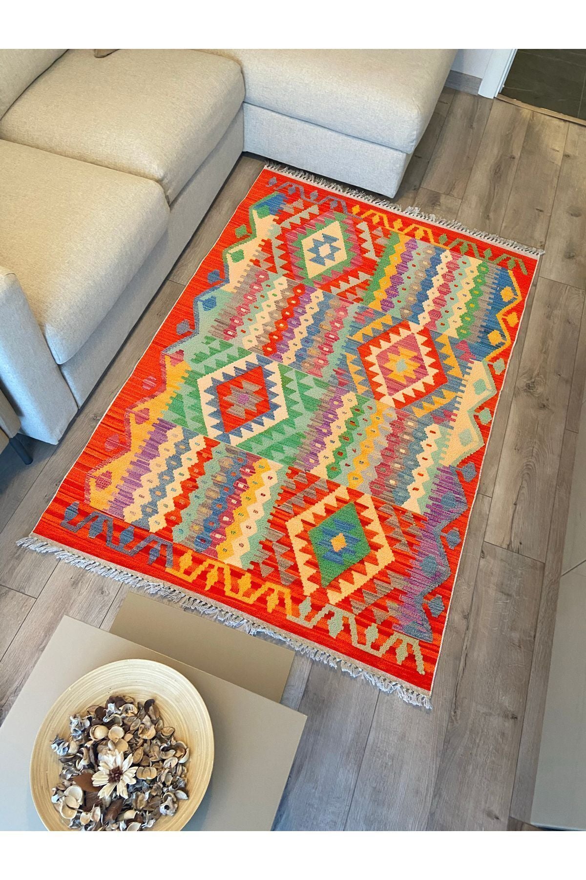 Cotton 85 Etnik Mercan Renk Vintage Boho Stil Pamuk Kilim