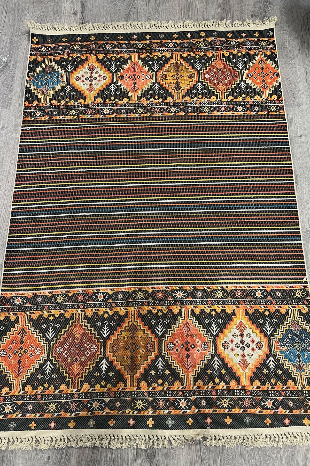 Cotton Siyah Etnik Otantik Desenli Çizgili Saçaklı Pamuk Taban Kilim 3593