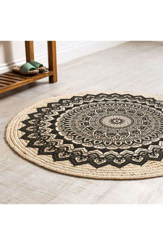Boho 900 Mandala Desenli Etnik Örgü Yuvarlak Natural Çift Taraflı Halı - HALI VAGONU