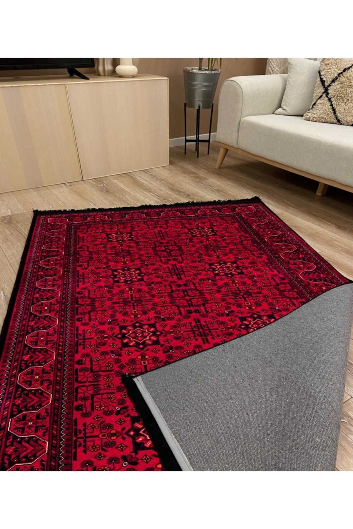 Halı Vagonu 2008 Kırmızı Tonda Bordürlü Geometrik Afgan Desen Kaymaz Taban Dekoratif Halı