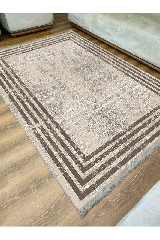 Halı Vagonu Serisi Kahve Tonlarında Çizgili Etnik Desen Kaymaz Taban Şönil Halı