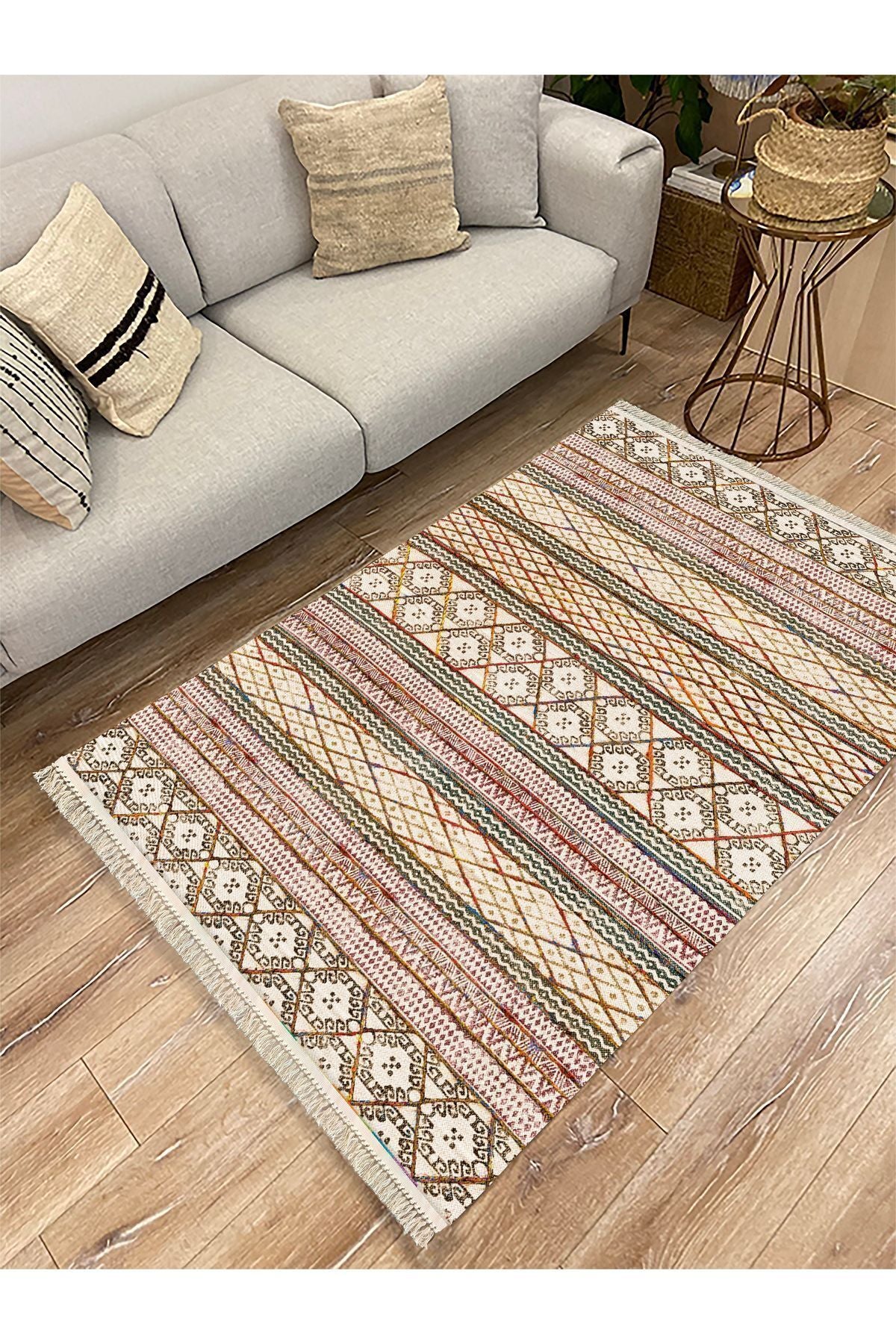 Cotton Kilim 63 Multu Iskandinav Motifler Modern Dekoratif Saçaklı Yıkanabilen Dokuma Kilim