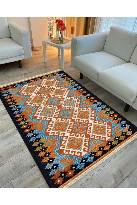 Cotton Serisi Hardal Tonlarında Bordür Desenli Dekoratif Dokuma Taban Kilim