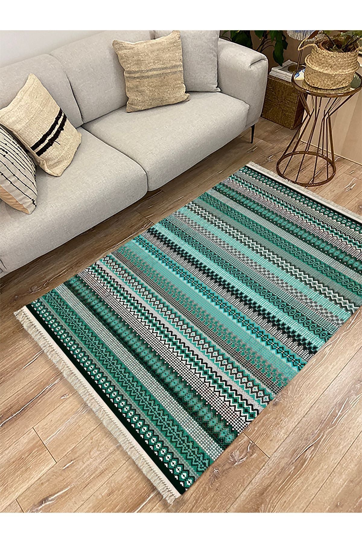 Cotton Kilim 21 Yeşil Zeminli Çizgili Desenli Dekoratif Yıkanabilen Dokuma Taban Kilim