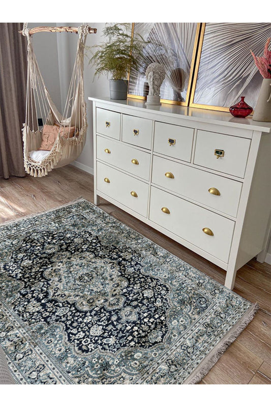 Halı Vagonu 2050 Haki Tonlarında Etnik Eskitme Pamuk Dokuma Taban Halı