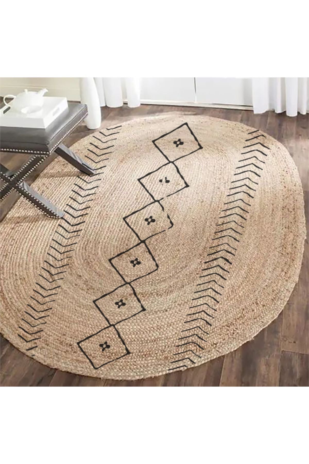 Boho 956 Oval Siyah Etnik Desenli Jüt Rengi Örgü Yuvarlak Natural Çift Taraflı Halı