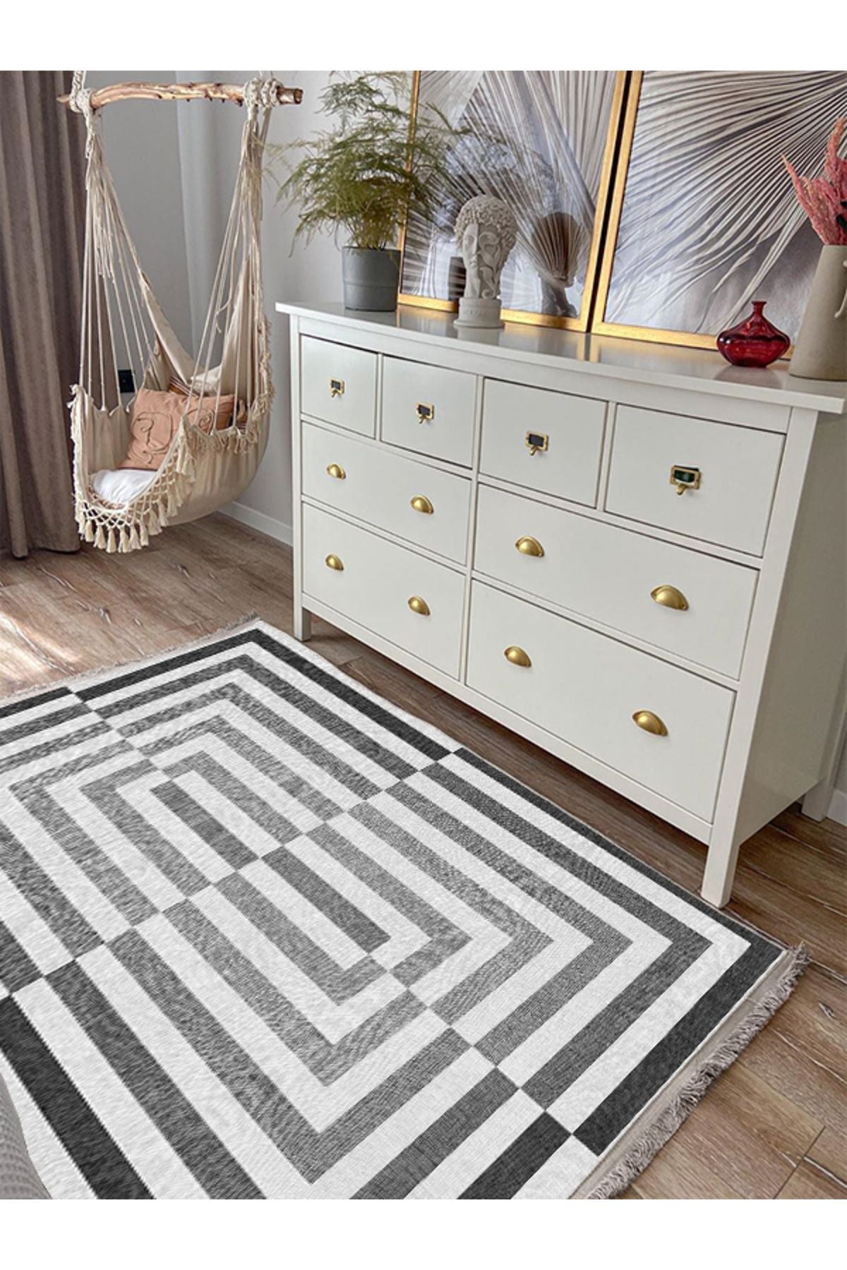 Halı Vagonus 2190 Gri Geometrik Yıkanabilir Kaymaz Tabanlı Salon Halısı, Koridor Ve Mutfak Halısı