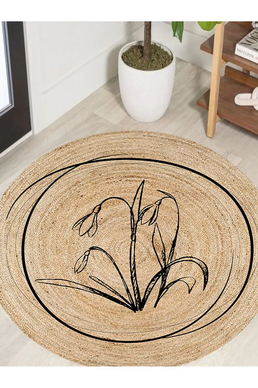 Halı Vagonu Boho 902 Jüt Görünümlü Çiçek Desenli Yuvarlak Natural Renk Çift Taraflı Halı - HALI VAGONU