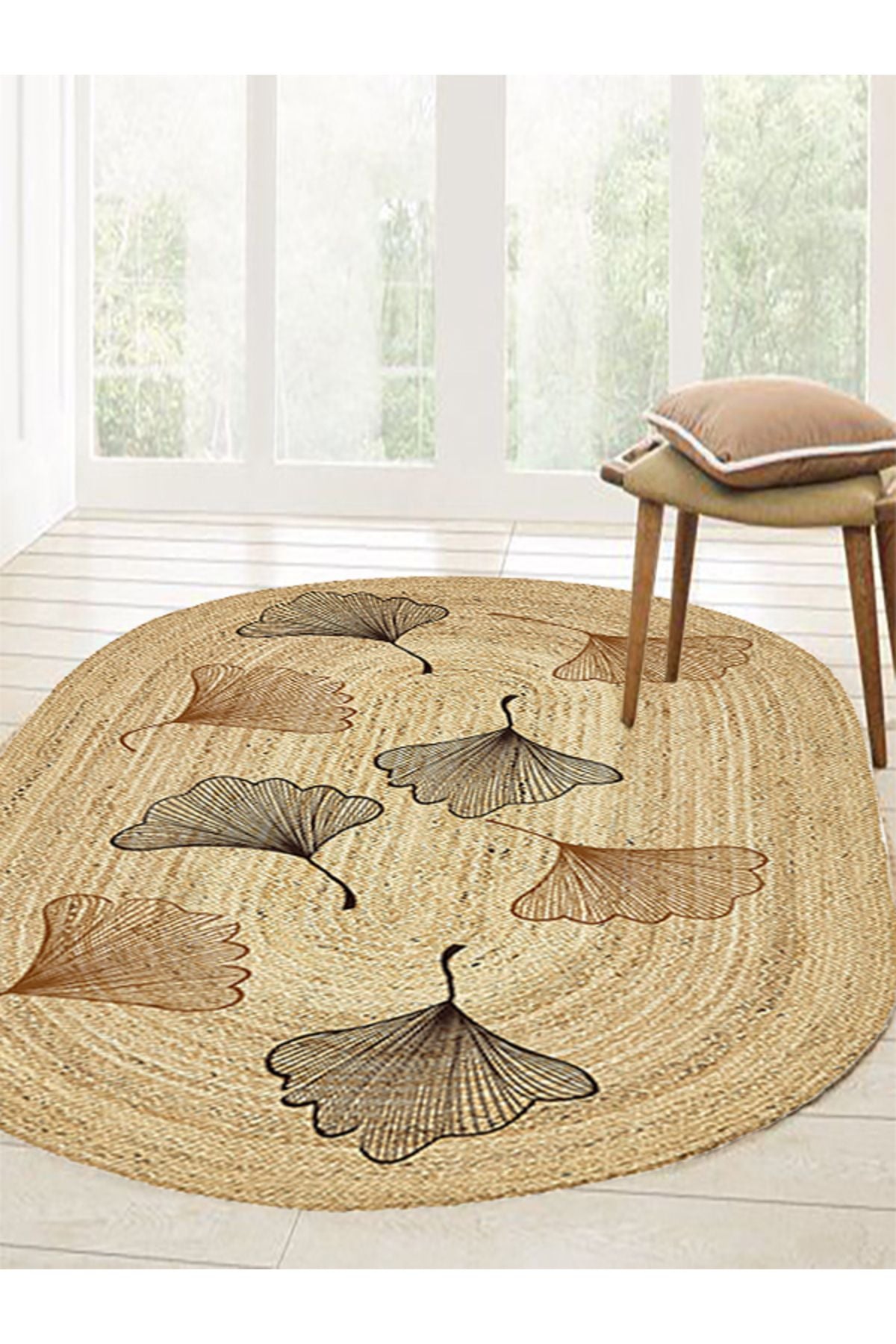 Boho 982 Oval Siyah Yel Motifli Etnik Desenli Jüt Rengi Örgü Yuvarlak Natural Çift Taraflı Halı