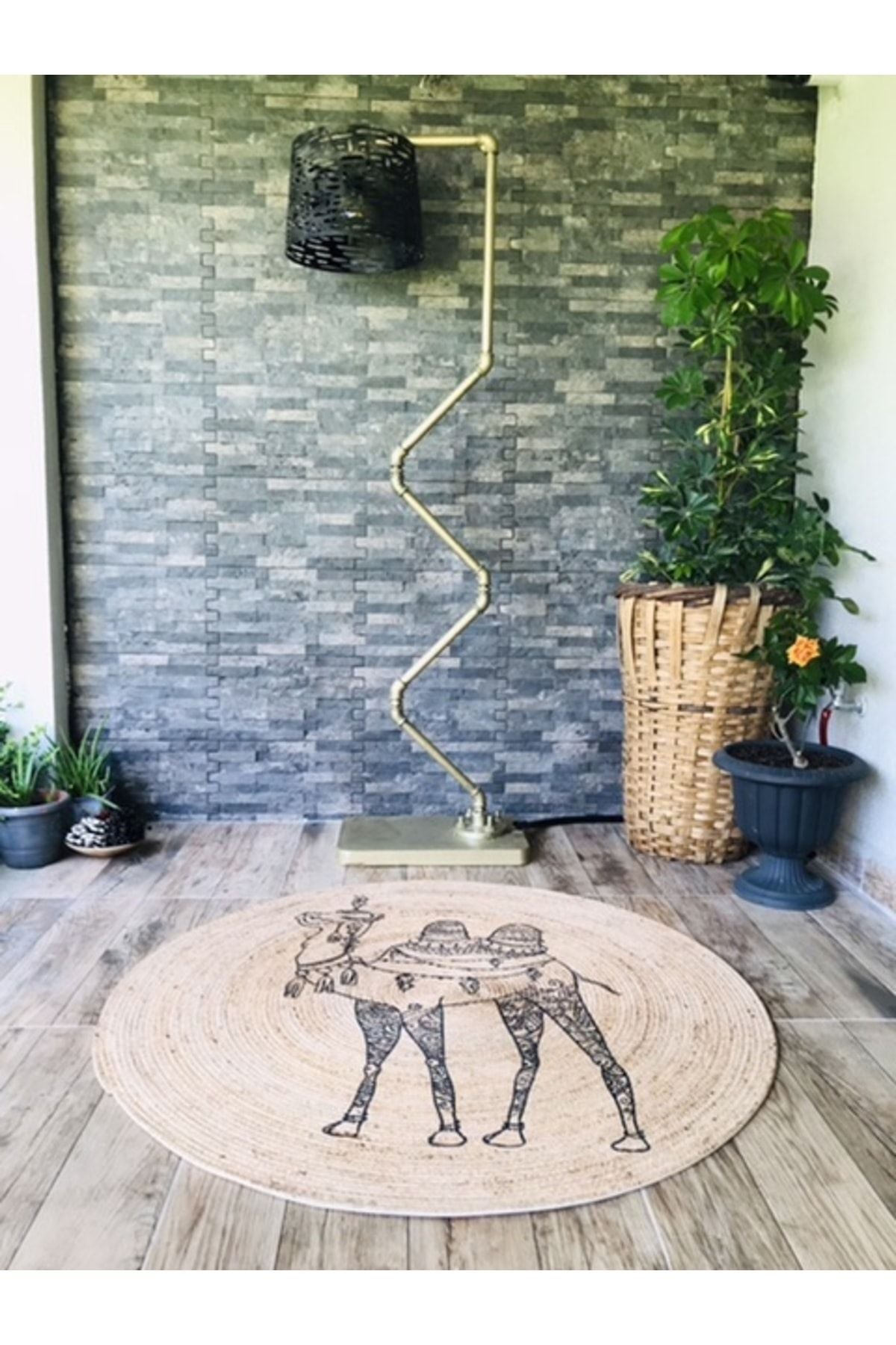 Mandala Deve Yuvarlak Jüt Örme Hasır Halı/Kilim