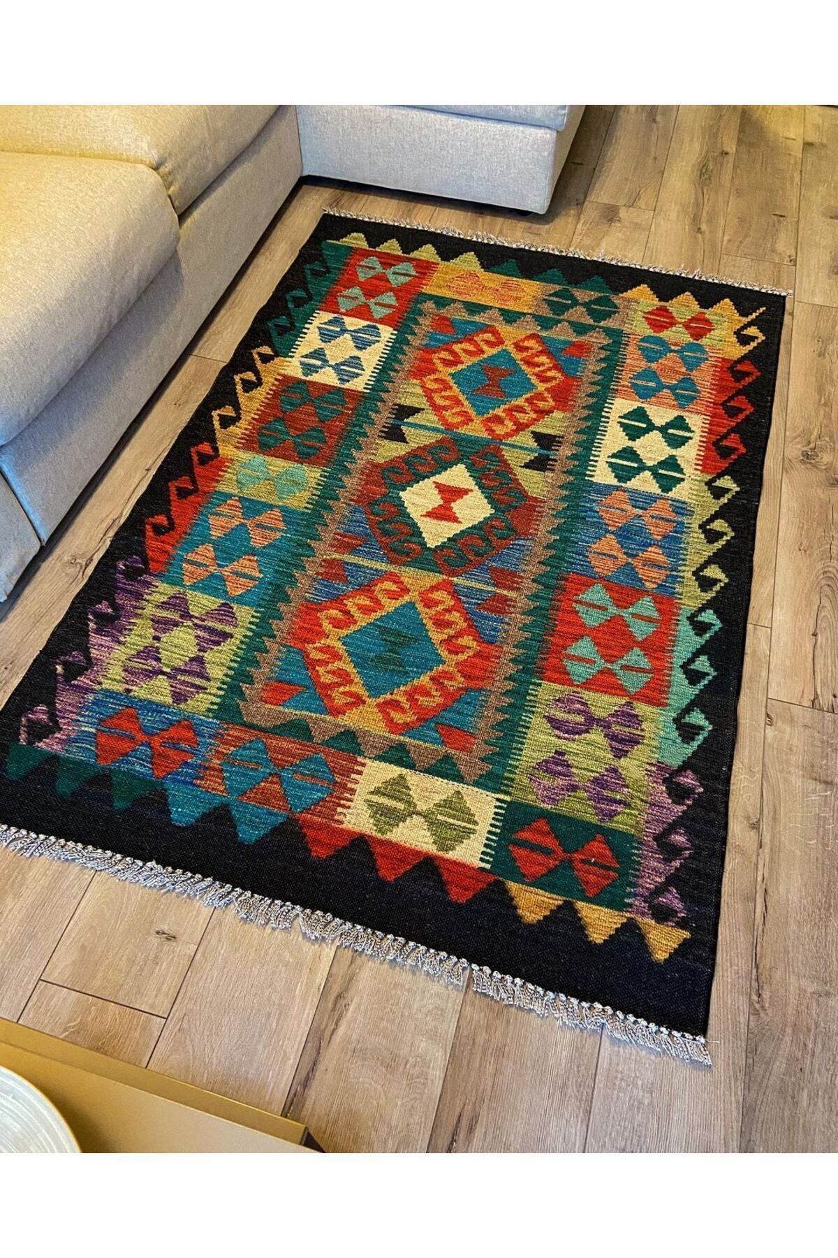 Cotton Kilim 3053 Laciver Geleneksel Motifler Modern Dekoratif Saçaklı Yıkanabilen Dokuma Kilim