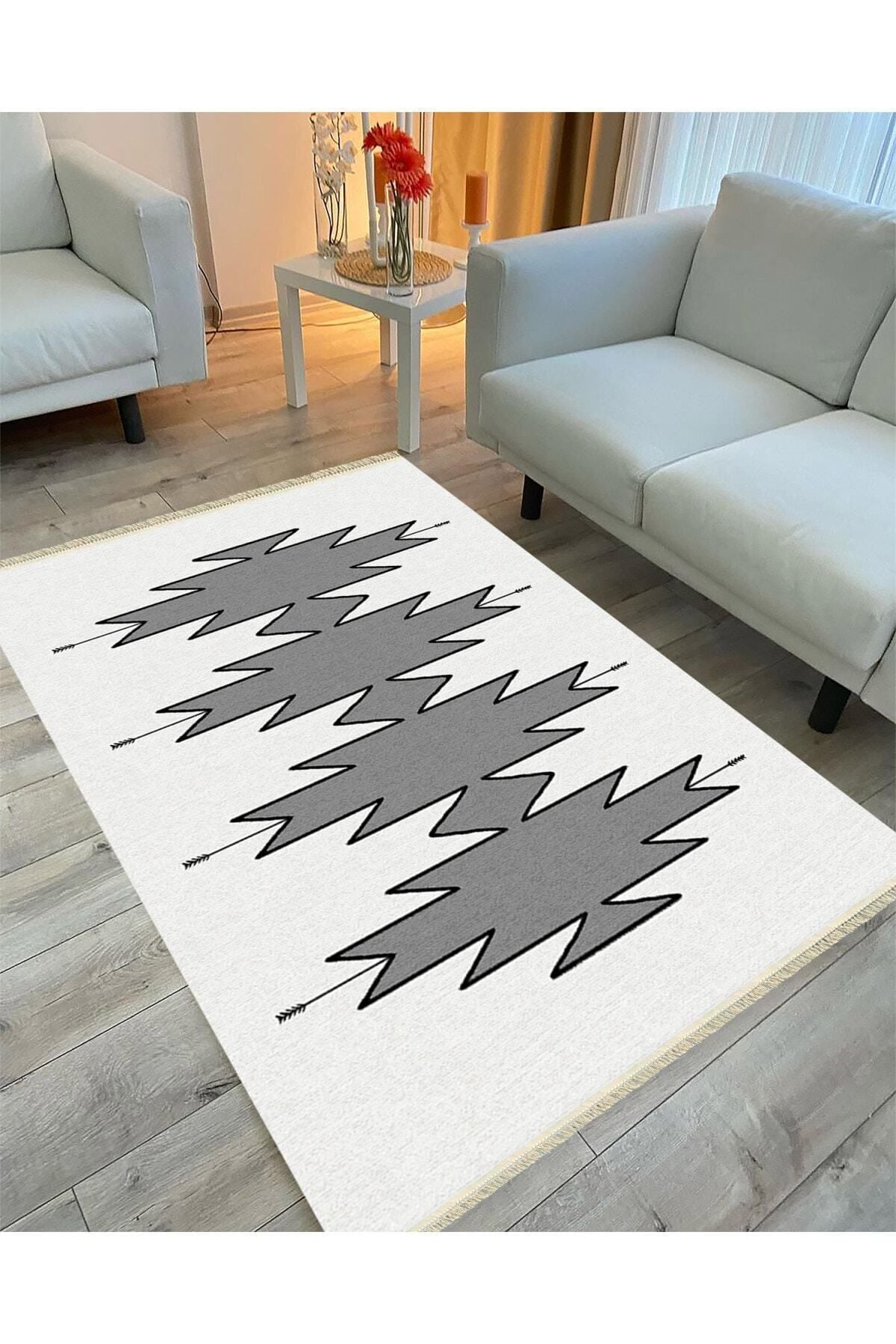 Cotton Serisi Açık Gri Ve Gri Tonunda Geometrik Desen Dekoratif Dokuma Taban Kilim