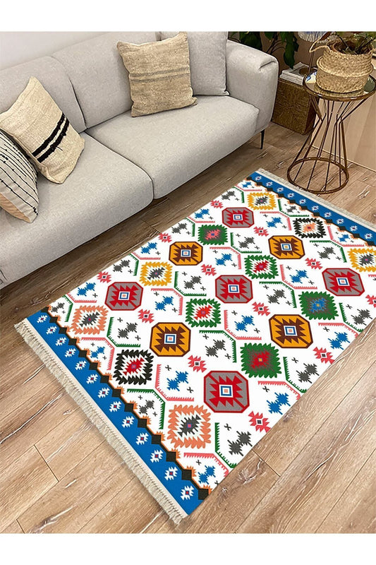 Cotton Serisi Multy Tonlarında Geometrik Desen Dekoratif Dokuma Taban Kilim