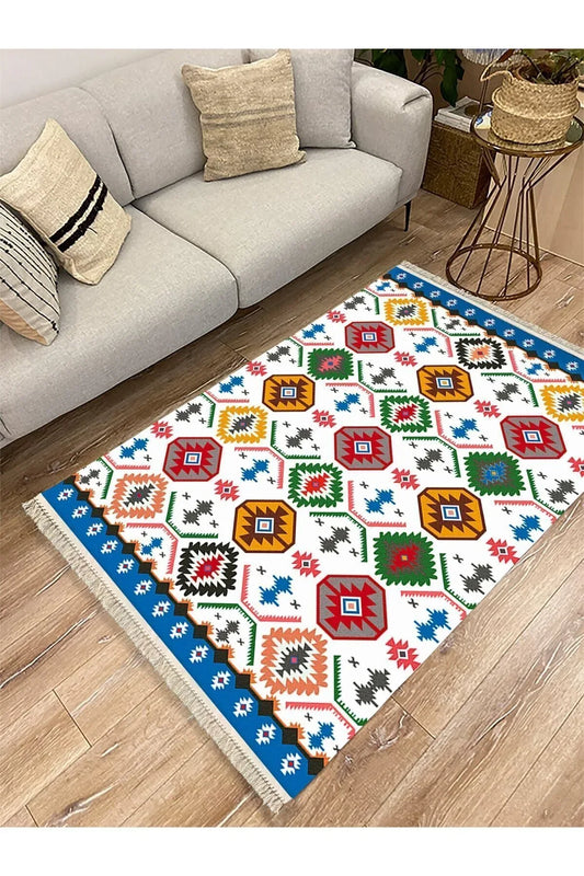 Cotton Serisi Multy Tonlarında Geometrik Desen Dekoratif Dokuma Taban Kilim - HALI VAGONU